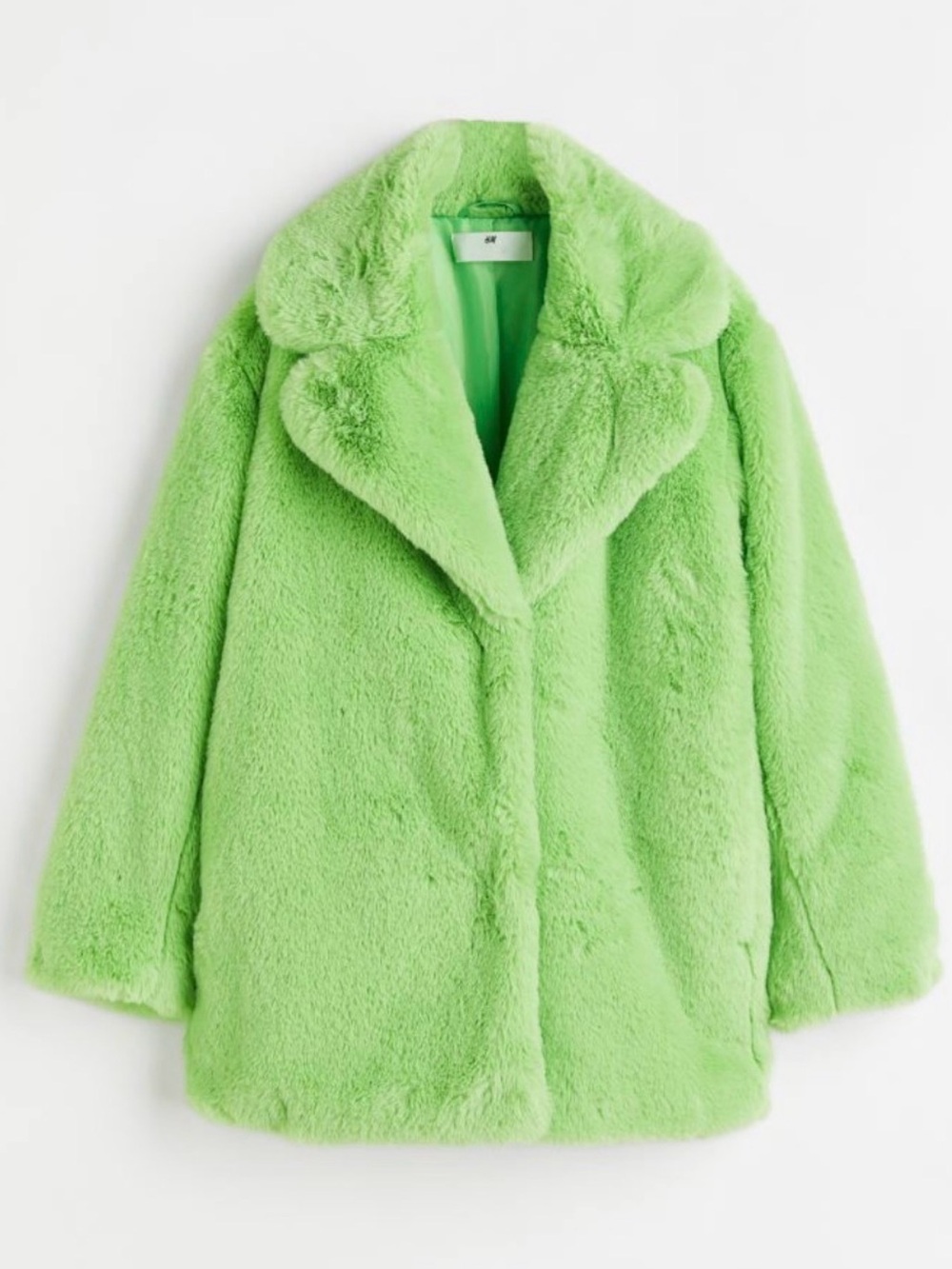 H&M Bright Lime Neon Green Teddy Faux Fur Jacket